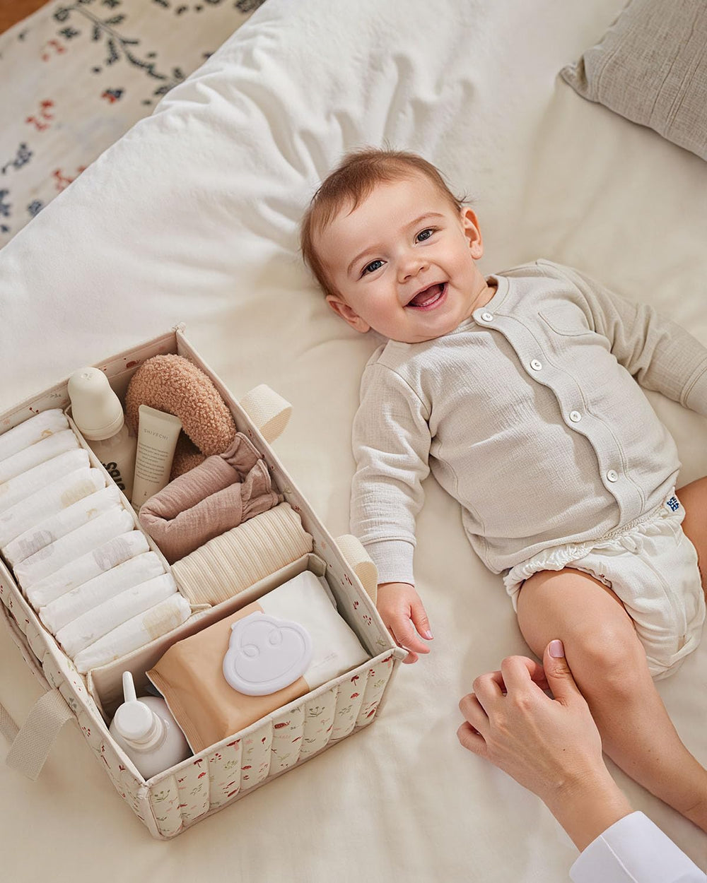 Blissful Diary Woodland Diaper Caddy in car with handles for travel