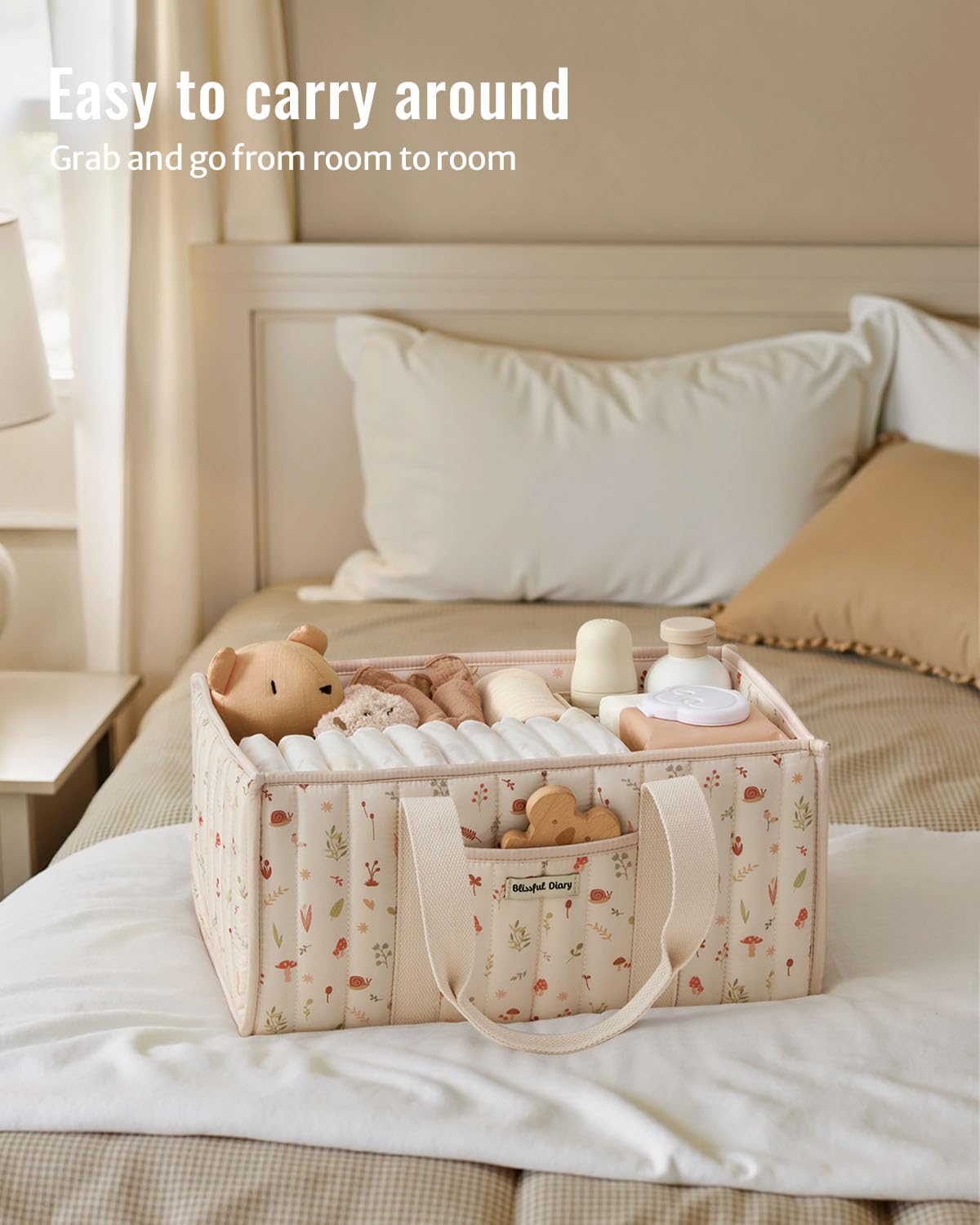 Blissful Diary Woodland Diaper Caddy outer pocket for quick pacifier access