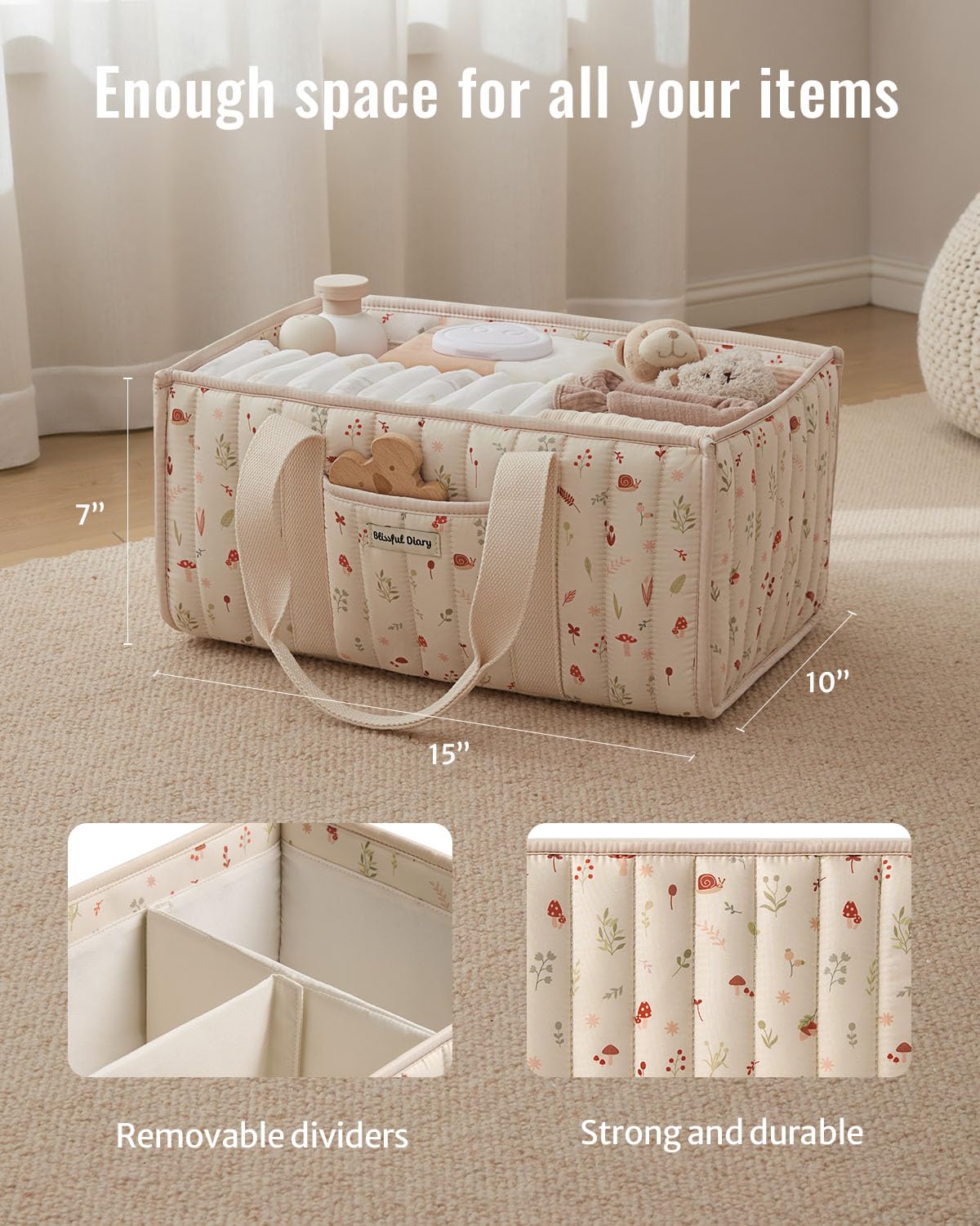 Blissful Diary Woodland Diaper Caddy removable dividers for flexible setup