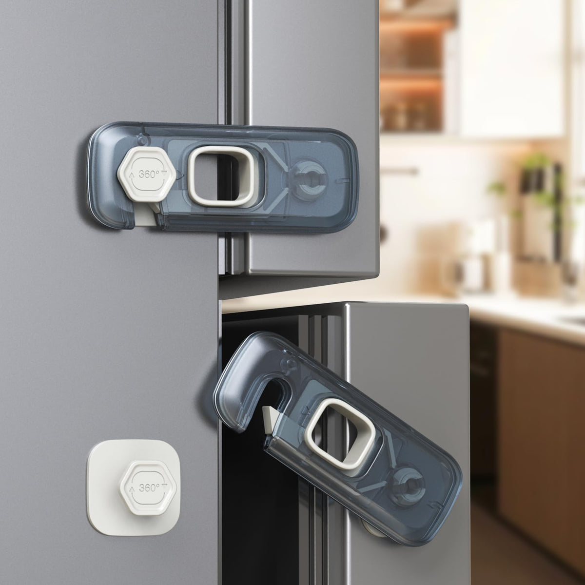 Blissleaf fridge lock with adhesive pads for quick, tool-free installation on cabinets
