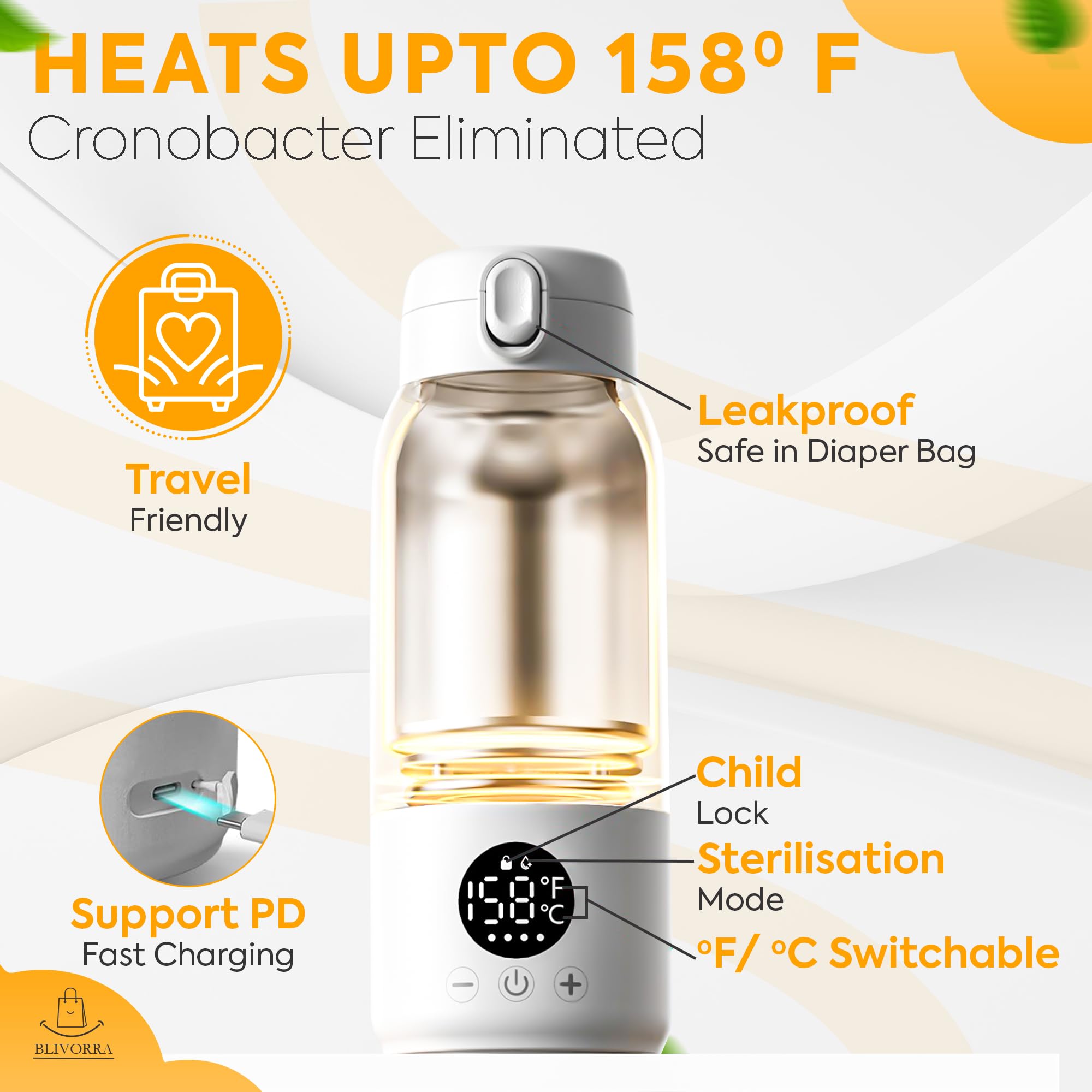 BLIVORRA portable bottle warmer with built-in safety lock to prevent accidental activation.