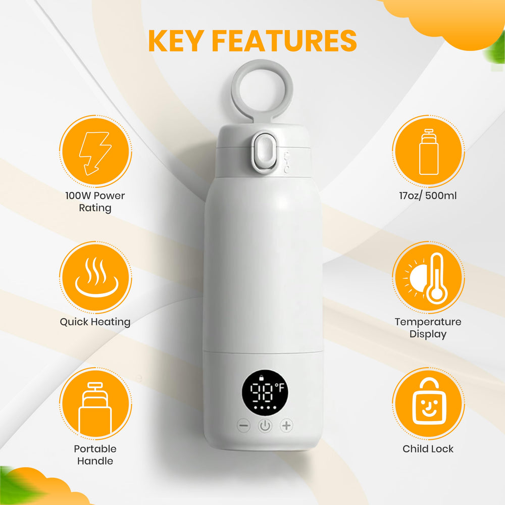 BLIVORRA portable bottle warmer shows 17oz capacity ideal for all-day feeds during travel.