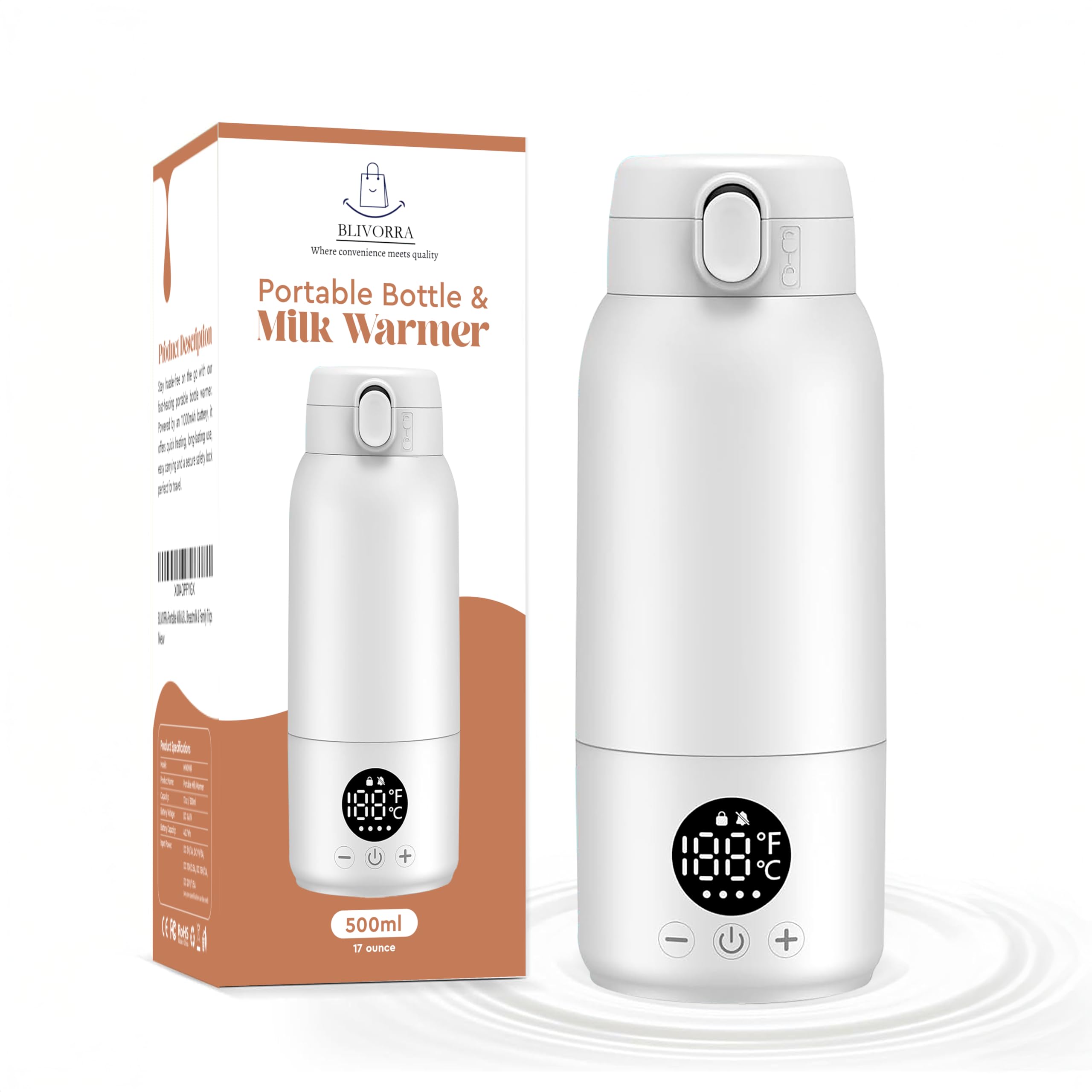 BLIVORRA portable bottle warmer with lit digital display for precise temperature control on the go.