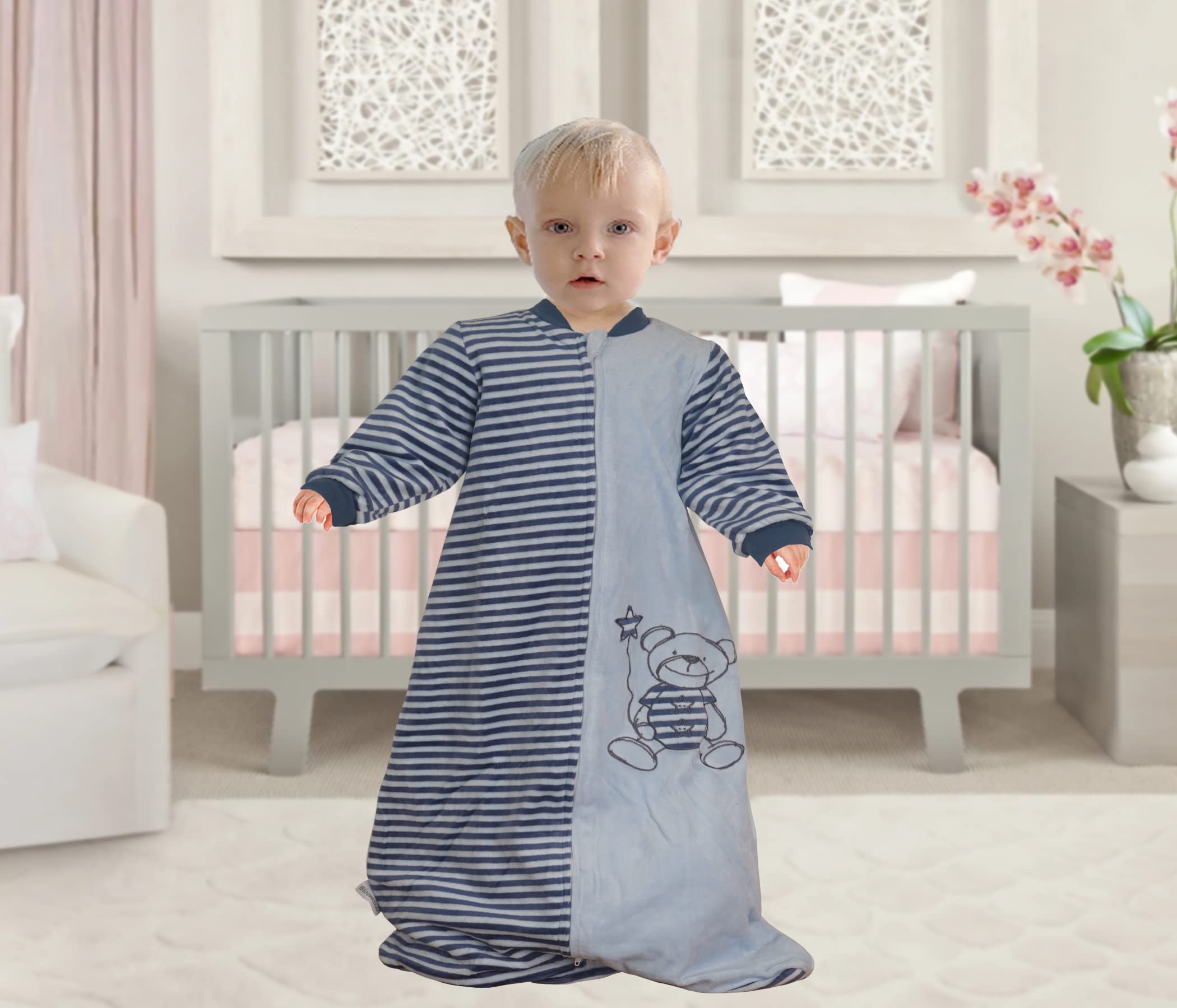 BLOOMSTAR sleep sack shows two-way zipper for easy diaper changes.