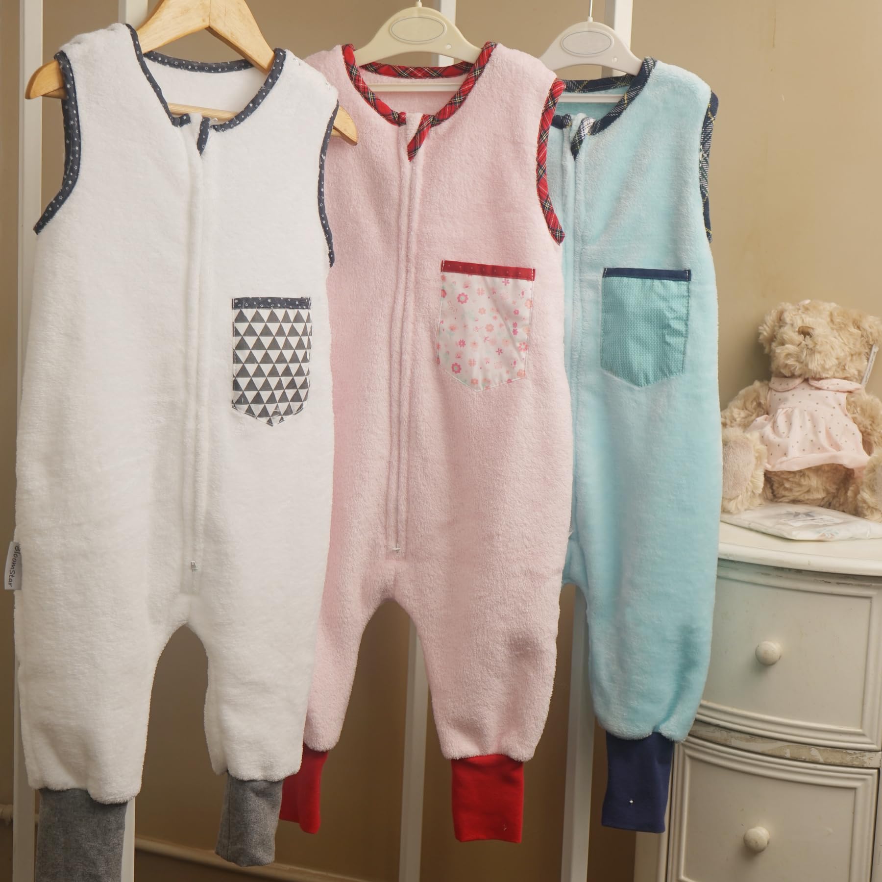 Bloomstar Sleep Sack with Feet pink leg design demonstrates freedom of movement