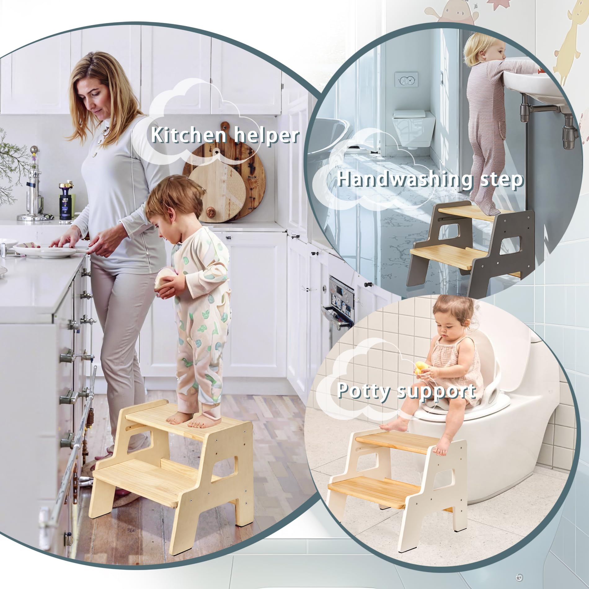 Blossome toddler step stool adjustable-top-step demonstrates growth-friendly height customization.