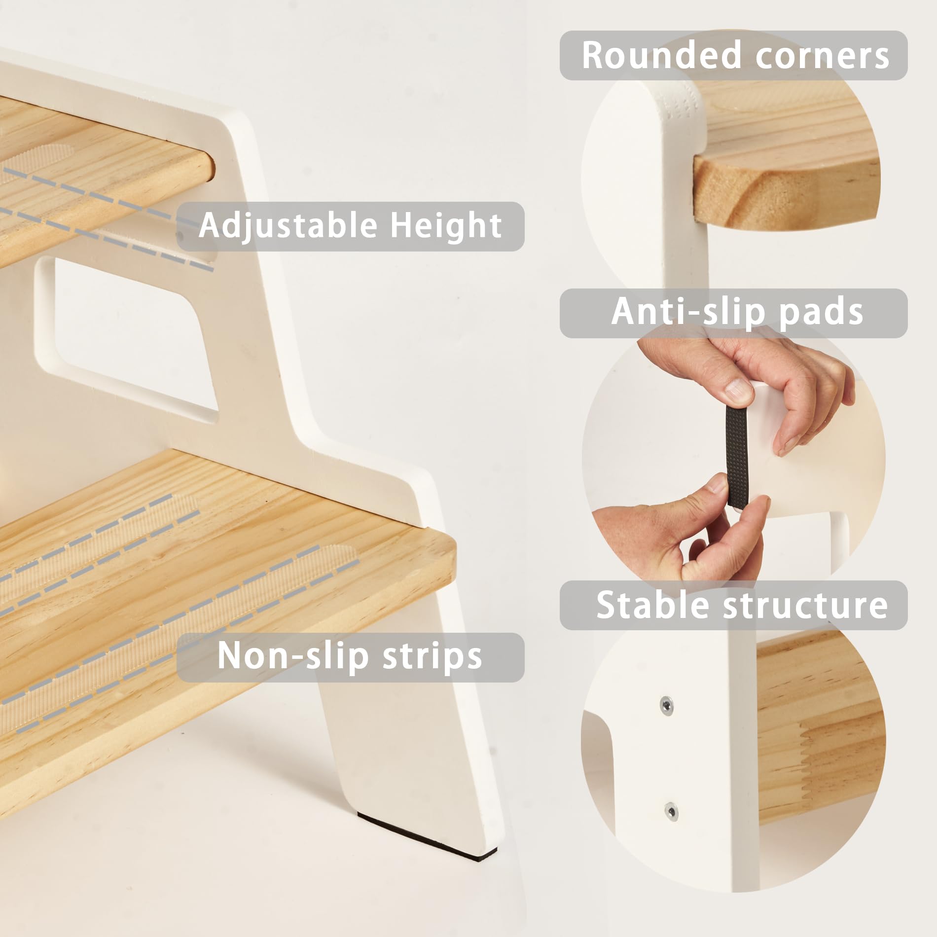 Blossome step stool anti-slip feet maintain stability on bathroom floor.
