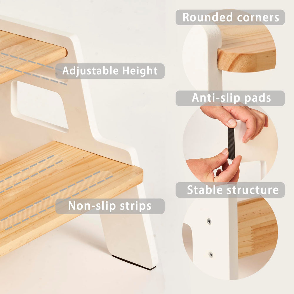 Blossome step stool anti-slip feet maintain stability on bathroom floor.