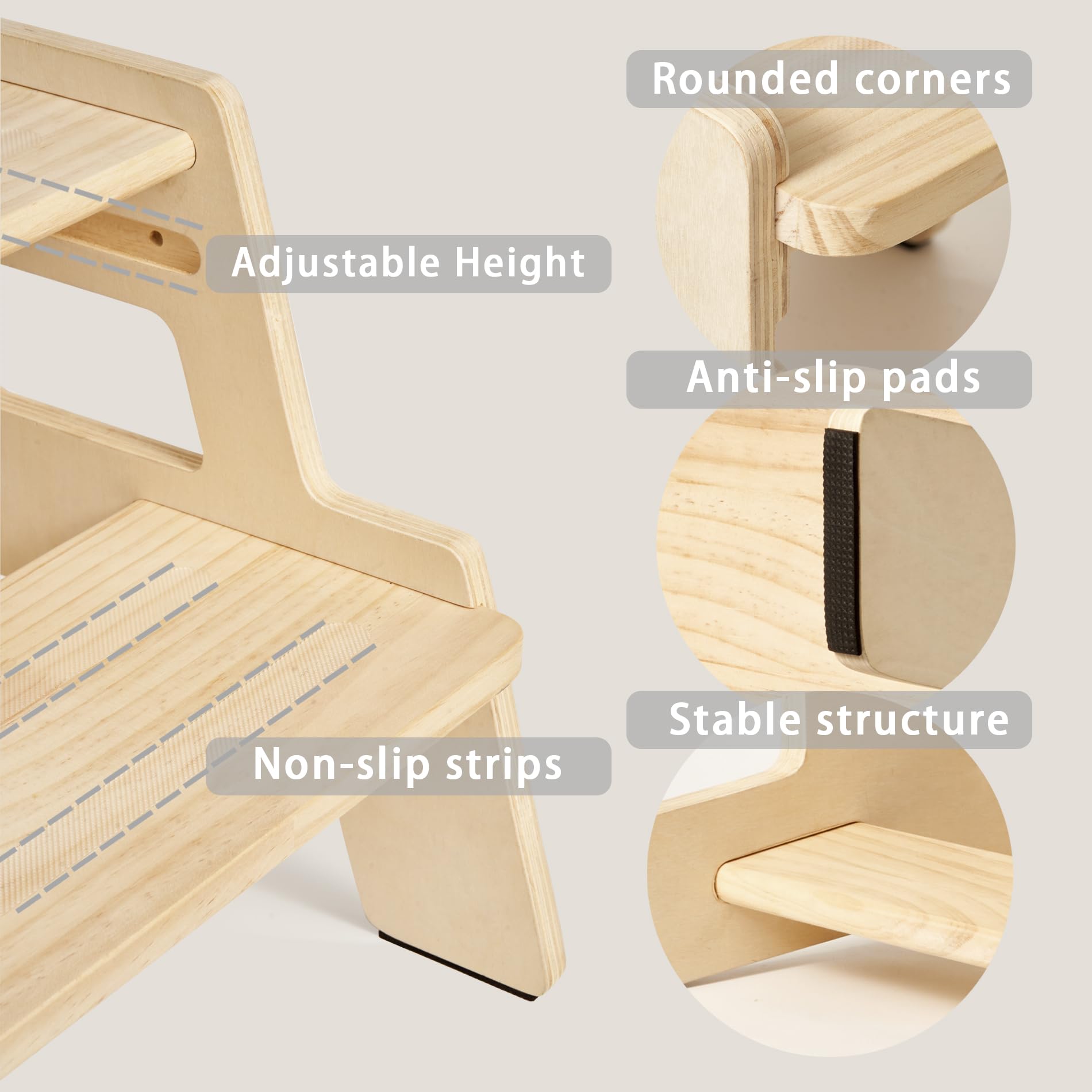 Blossome toddler step stool anti-slip-pads emphasizes safety with grip on steps.
