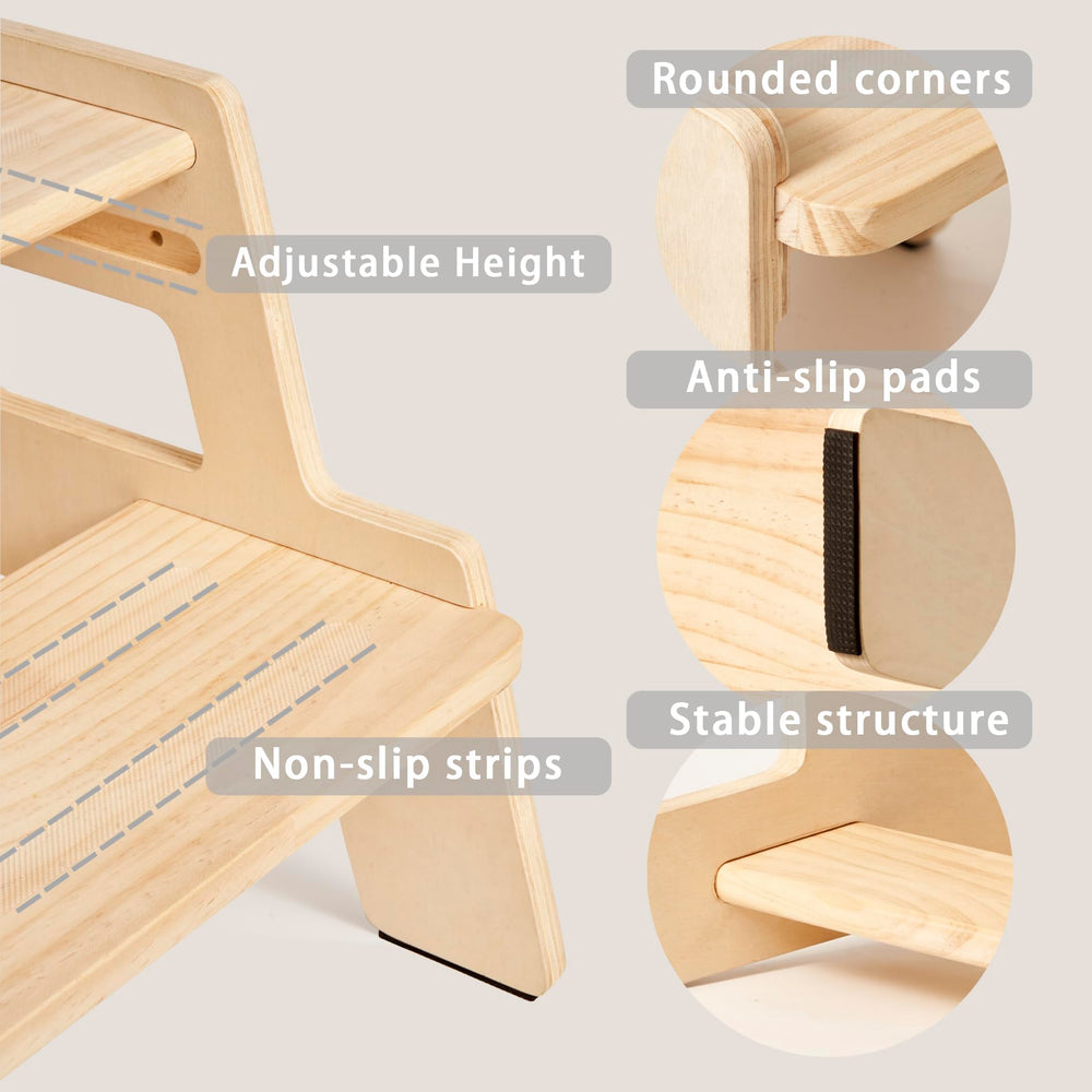 Blossome toddler step stool anti-slip-pads emphasizes safety with grip on steps.