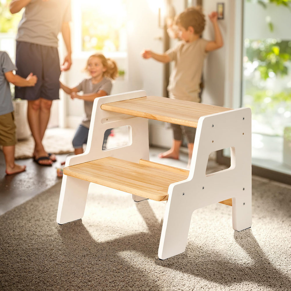 Blossome toddler stool in use at the sink for handwashing and grooming.