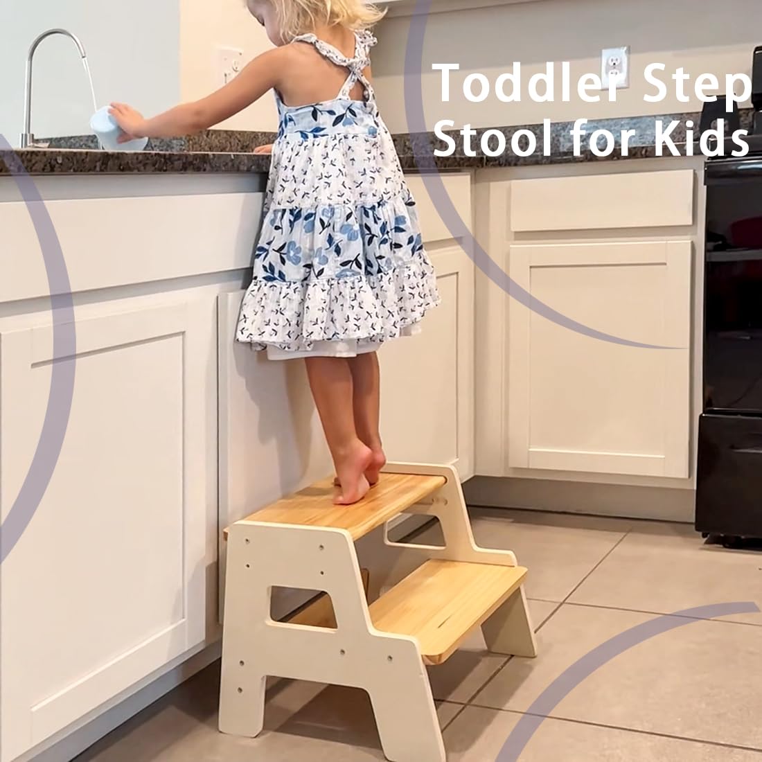Blossome toddler step stool kitchen-use shows convenient reach for kitchen tasks.