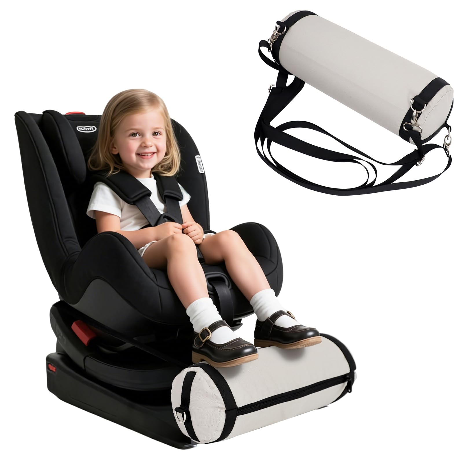 Blublu Park inflatable foot rest delivers ideal height for toddler legs on car trips.