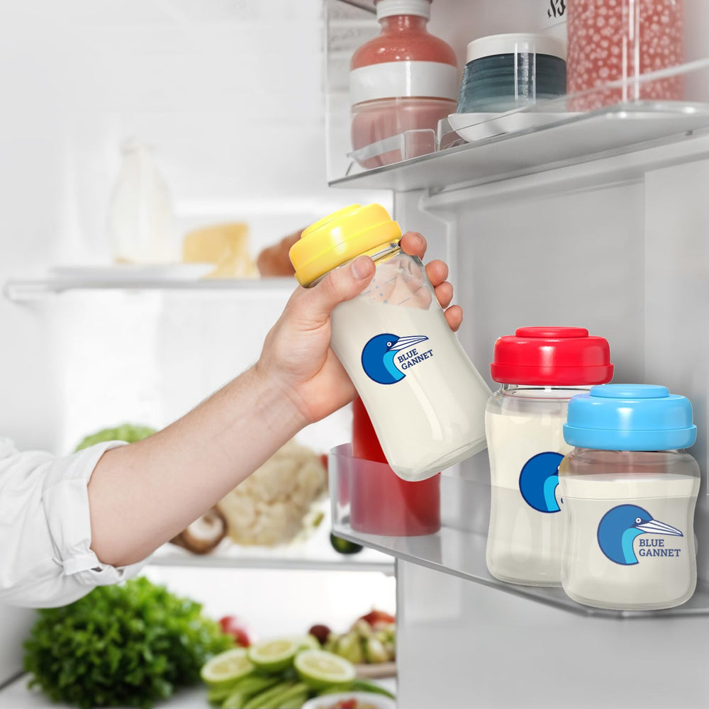 Blue Gannet slow-flow nipple on bottle ideal for newborn feeding.
