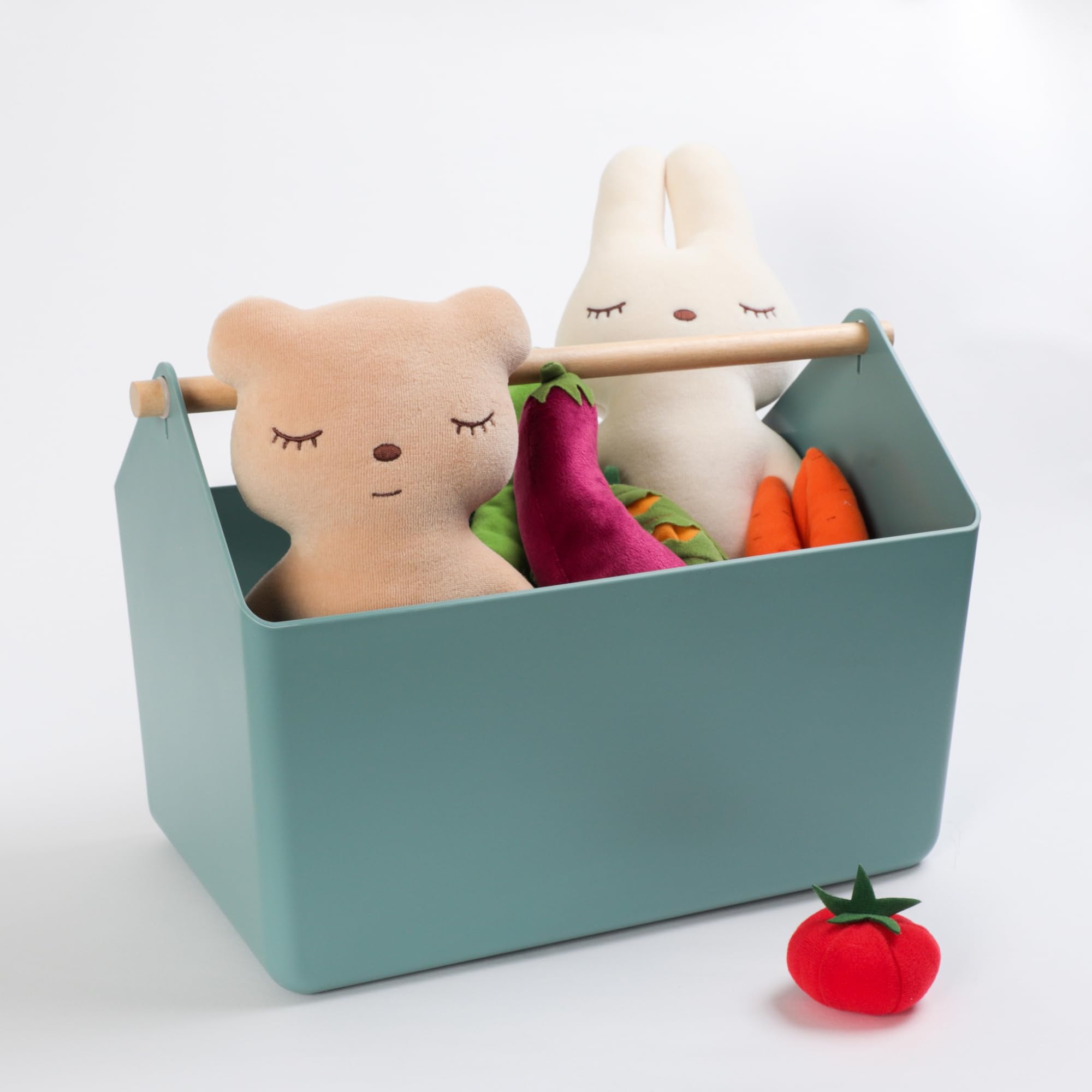BLUE GINKGO stuffed-animal storage basket green front view for kids' rooms