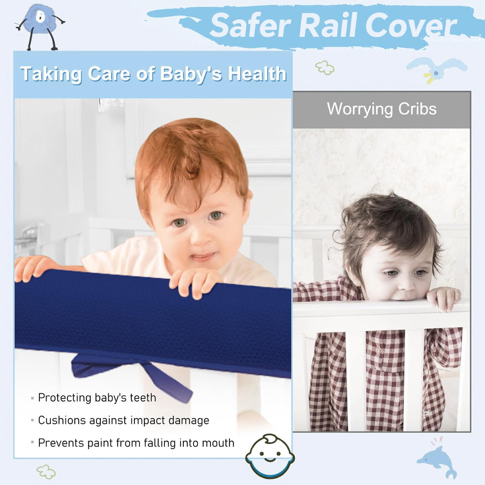 Blue-jxt soft crib protector hugs the rail for gentle teething comfort.