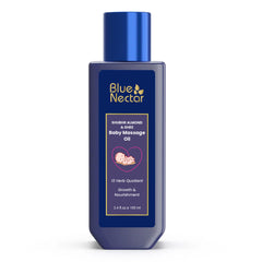 Blue Nectar Ayurveda Gentle Baby Oil bottle closeup for soothing baby skin hydration