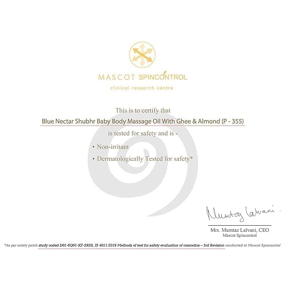 Blue Nectar Ayurveda Gentle Baby Oil dermatology-tested label on bottle