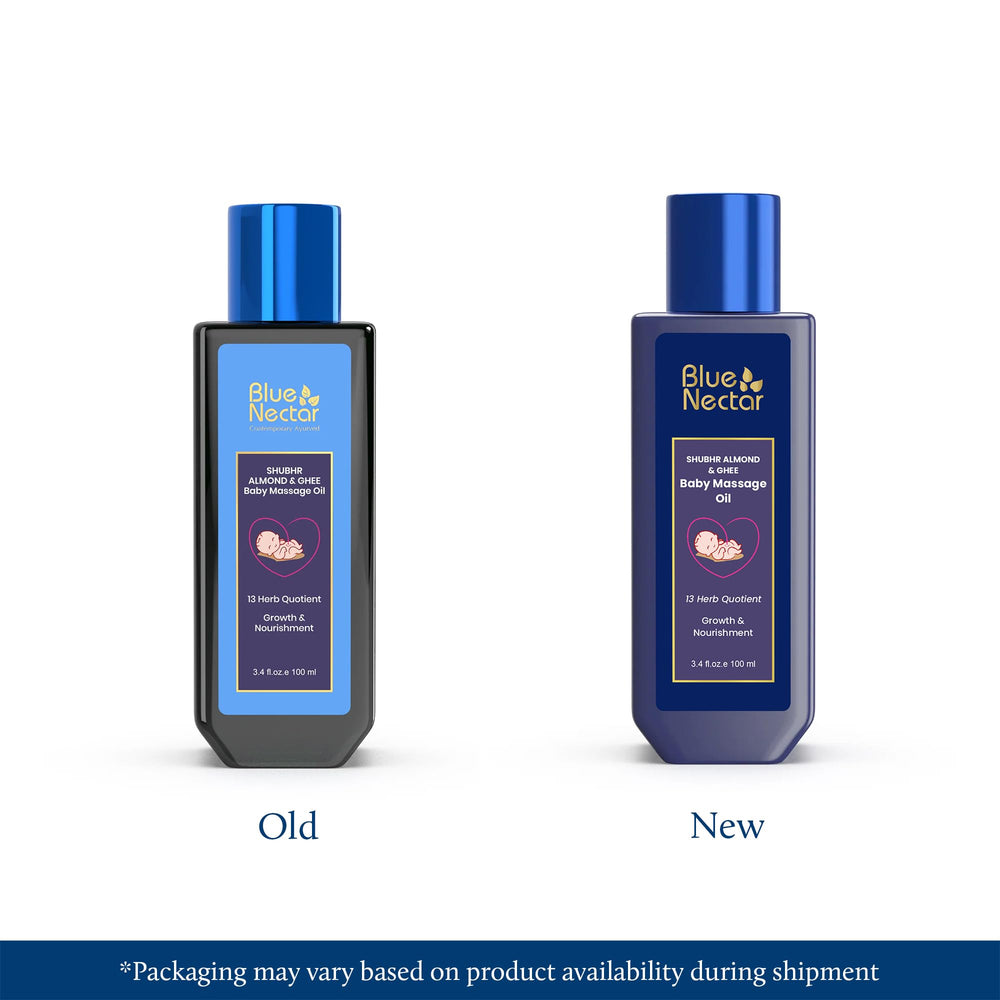Blue Nectar Ayurveda Gentle Baby Oil ingredients close-up highlighting coconut oil, ghee for deep hydration