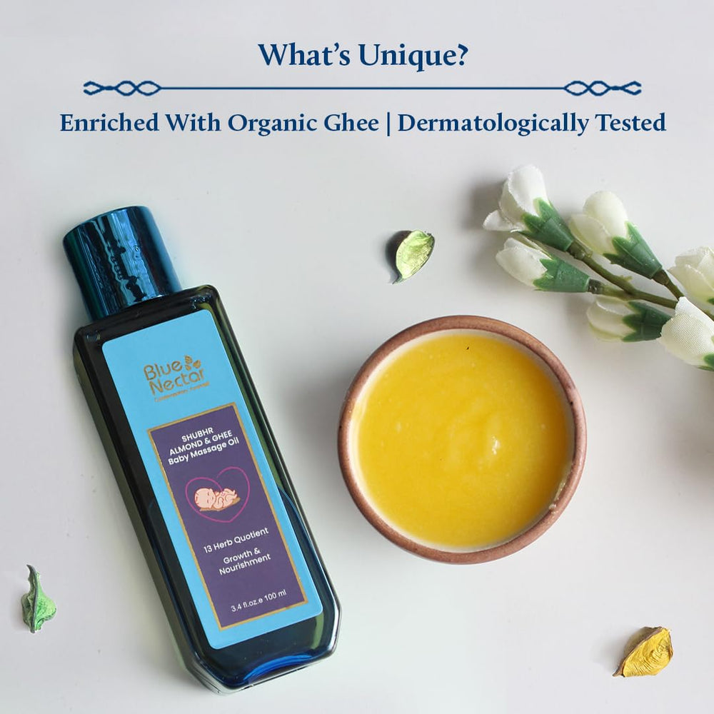 Blue Nectar Ayurveda Gentle Baby Oil lavender-jasmine scent suggests calming bedtime aroma