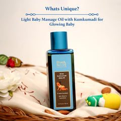 Blue Nectar baby oil glow-application demonstrates silky texture ideal for soothing bonding massage.