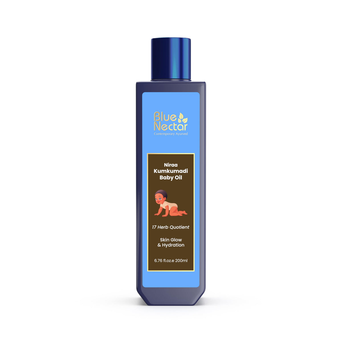Blue Nectar Baby Oil Kumkumadi bottle showing natural ingredients for gentle newborn care