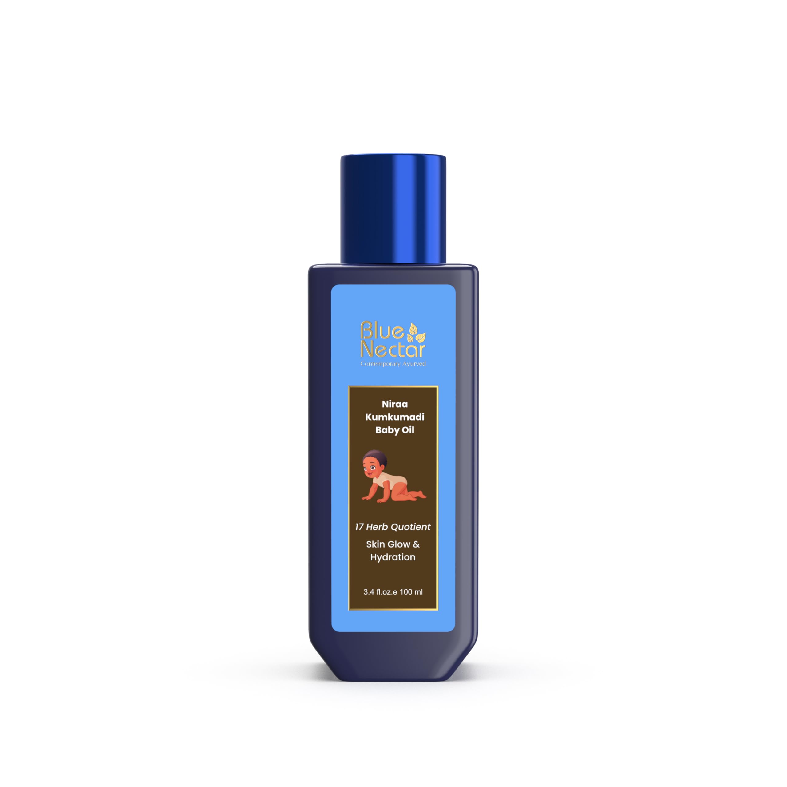 Blue Nectar Baby Oil Kumkumadi bottle showing soothing glow after a gentle newborn massage.