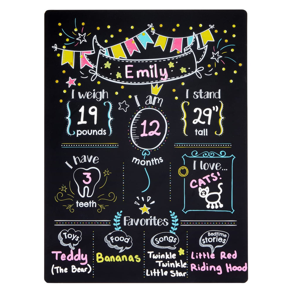 Blue Panda chalk-surface board invites easy writing of names ages and milestones.
