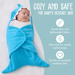 BlueMello Baby Shark Swaddle Blanket closeup fabric highlights ultra-soft fleece for sensitive skin.