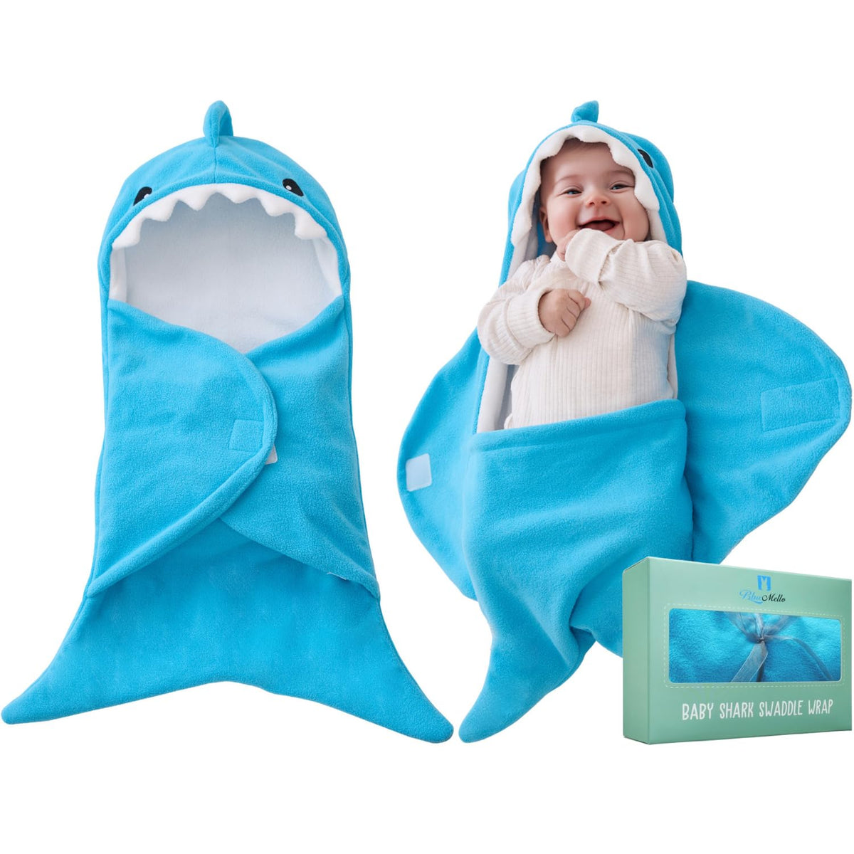 BlueMello Baby Shark Swaddle Blanket front view shows a cozy wearable wrap for infants.