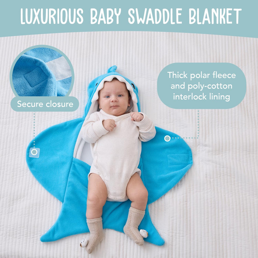 BlueMello Baby Shark Swaddle Blanket wearing mode keeps baby snug for peaceful naps.