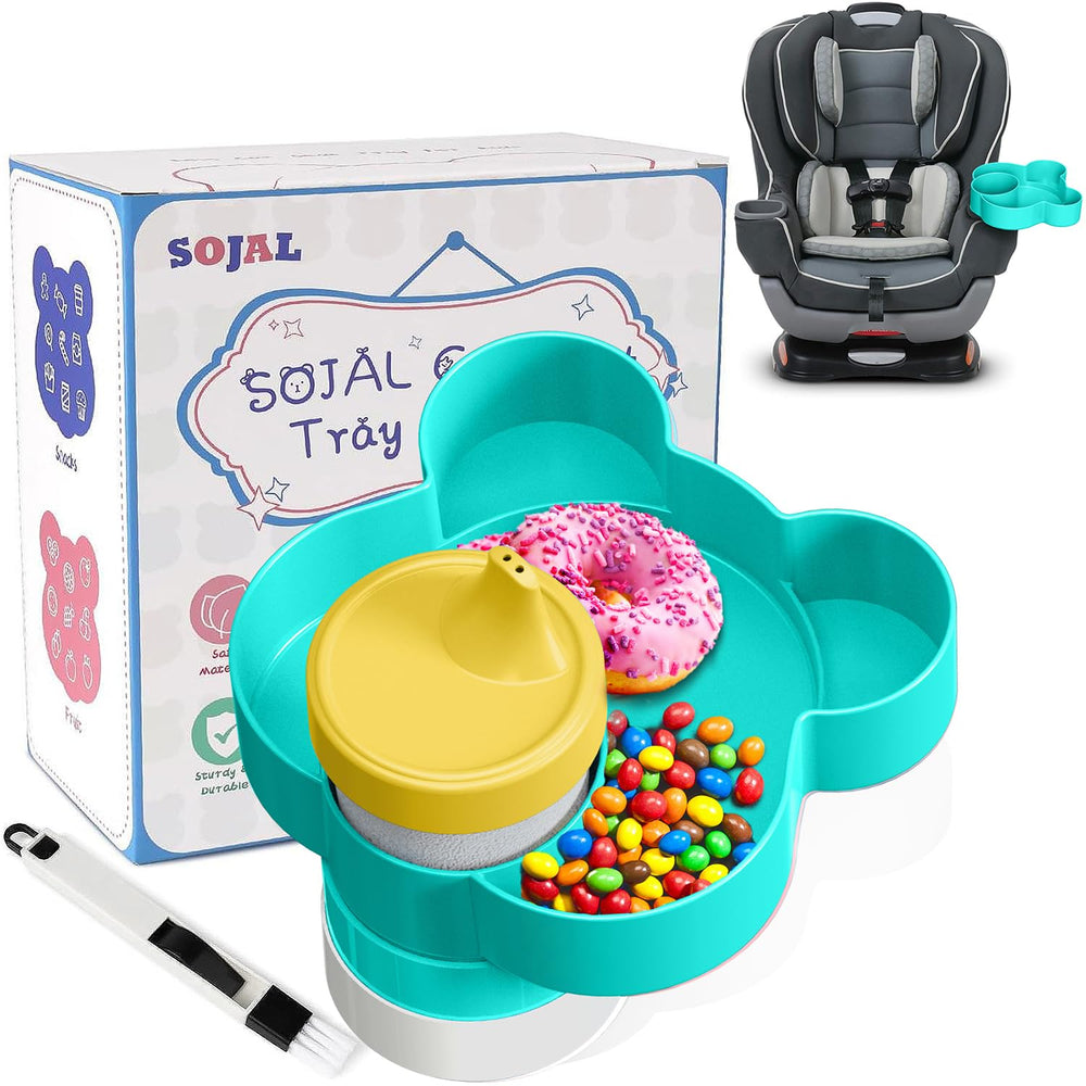 BlueOrigin car-seat snack tray with cupholder teal keeps drinks steady during car trips.