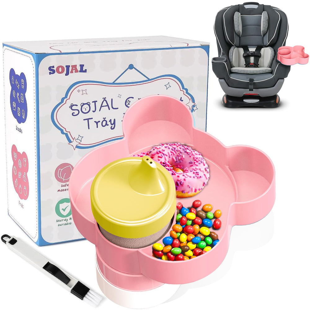 BlueOrigin car seat snack tray pink setup enables easy on-the-go meals.