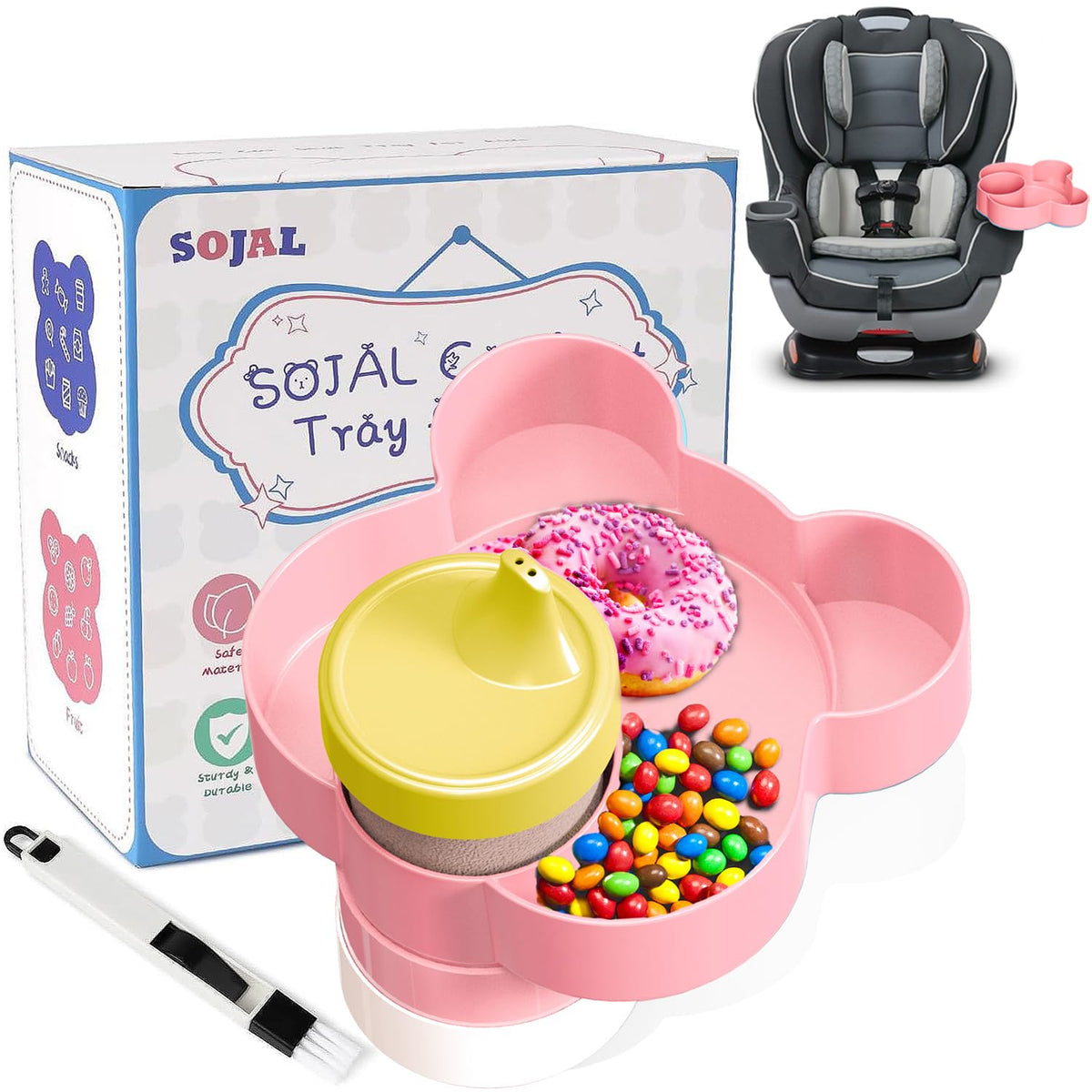 BlueOrigin car seat snack tray pink setup enables easy on-the-go meals.