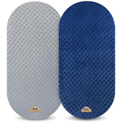 BlueSnail bassinet sheet navy gray on mattress demonstrates secure fit with elastic bottom band