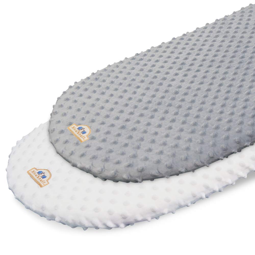 BlueSnail bassinet sheet folded in white and gray shows soft, cozy minky fabric.
