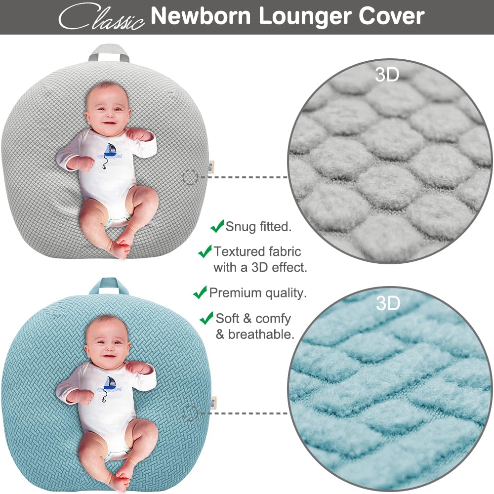 BlueSnail Strechy newborn lounger cover in Light Gray on a baby lounger for calm styling.