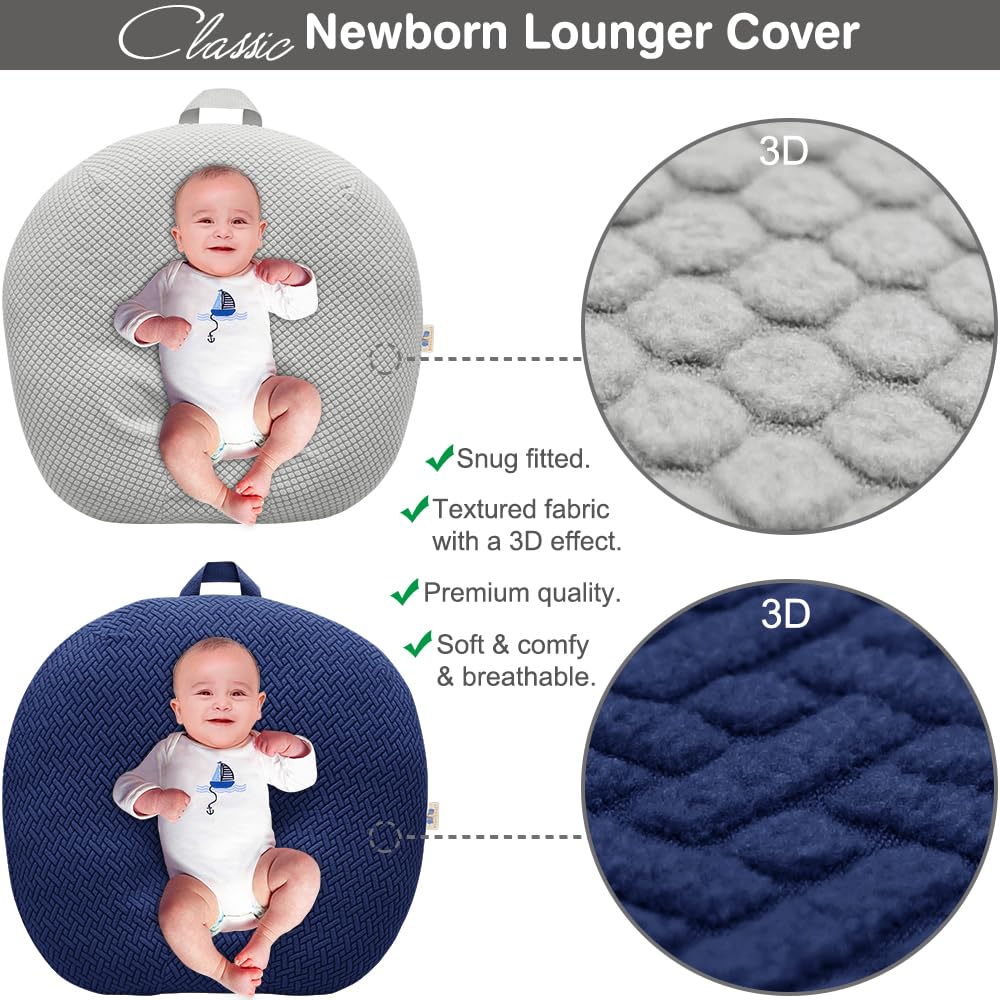 BlueSnail Strechy newborn lounger cover gray breathable fabric highlights skin-friendly softness and comfort.