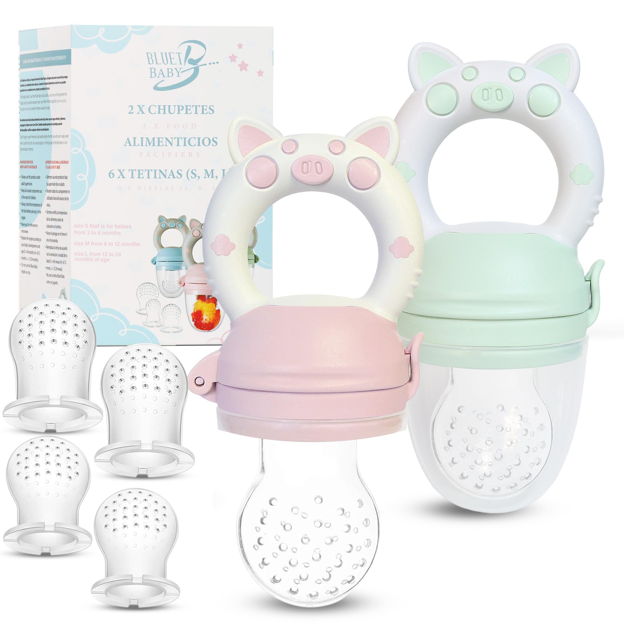 Bluet B baby fruit feeder pacifier pink-green pack for safe self-feeding and flavorful snacks.