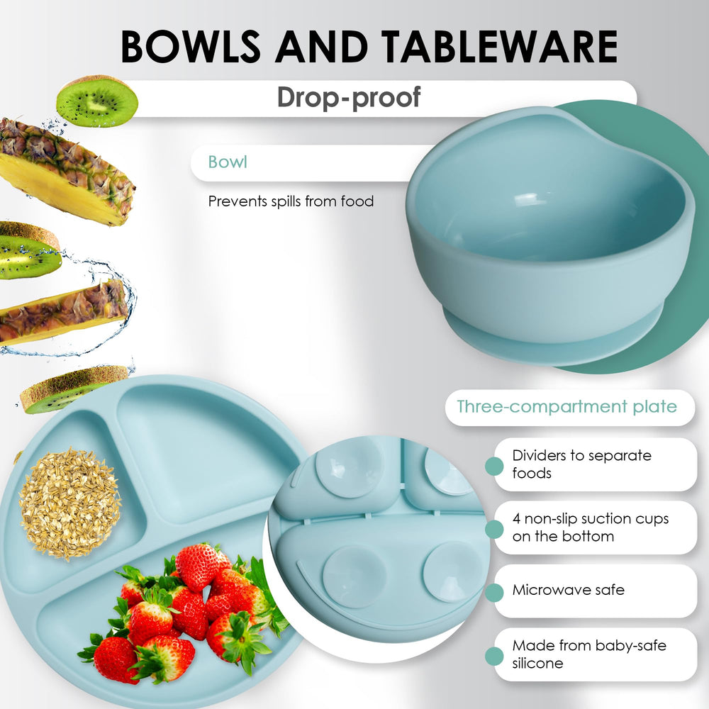 Bluet B silicone feeding bowl with suction reduces spills during meals.