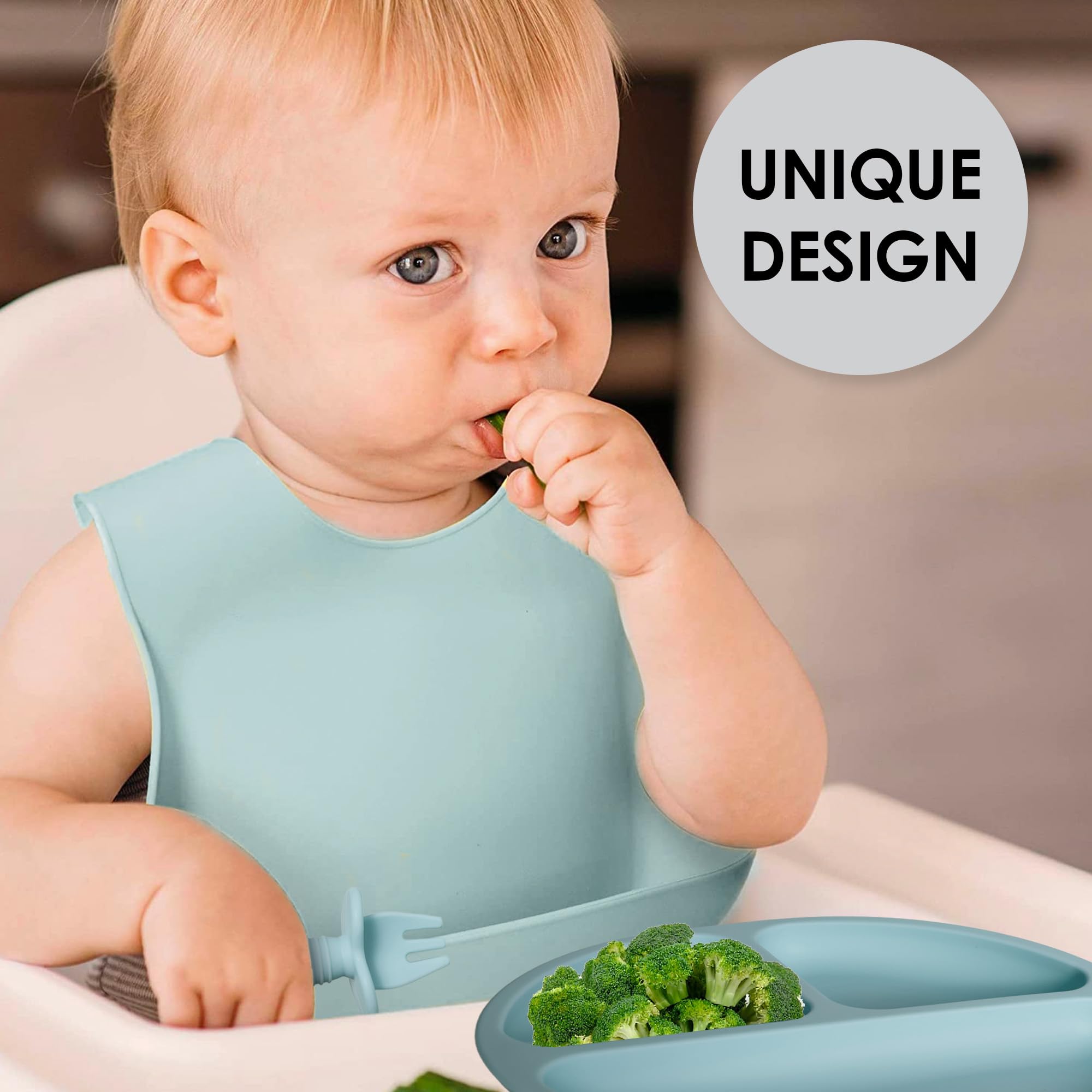 Bluet B light-blue silicone feeding set adds cheerful dining visuals for kids.