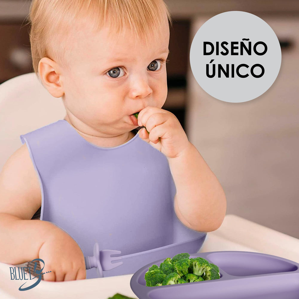 Bluet B purple tone feeding set adds cheerful appeal at mealtime.