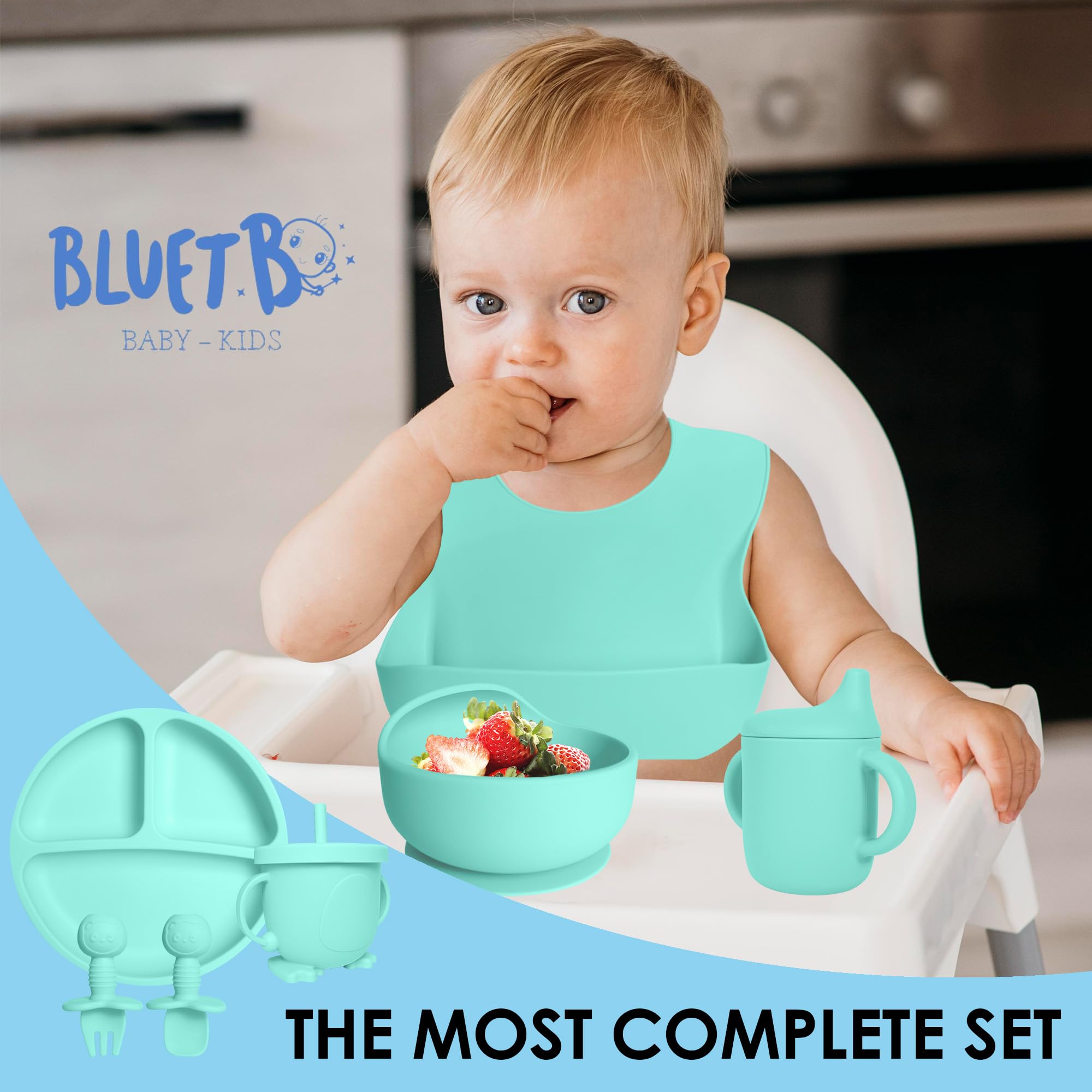 Bluet B silicone feeding set in hand highlights safe, durable materials.