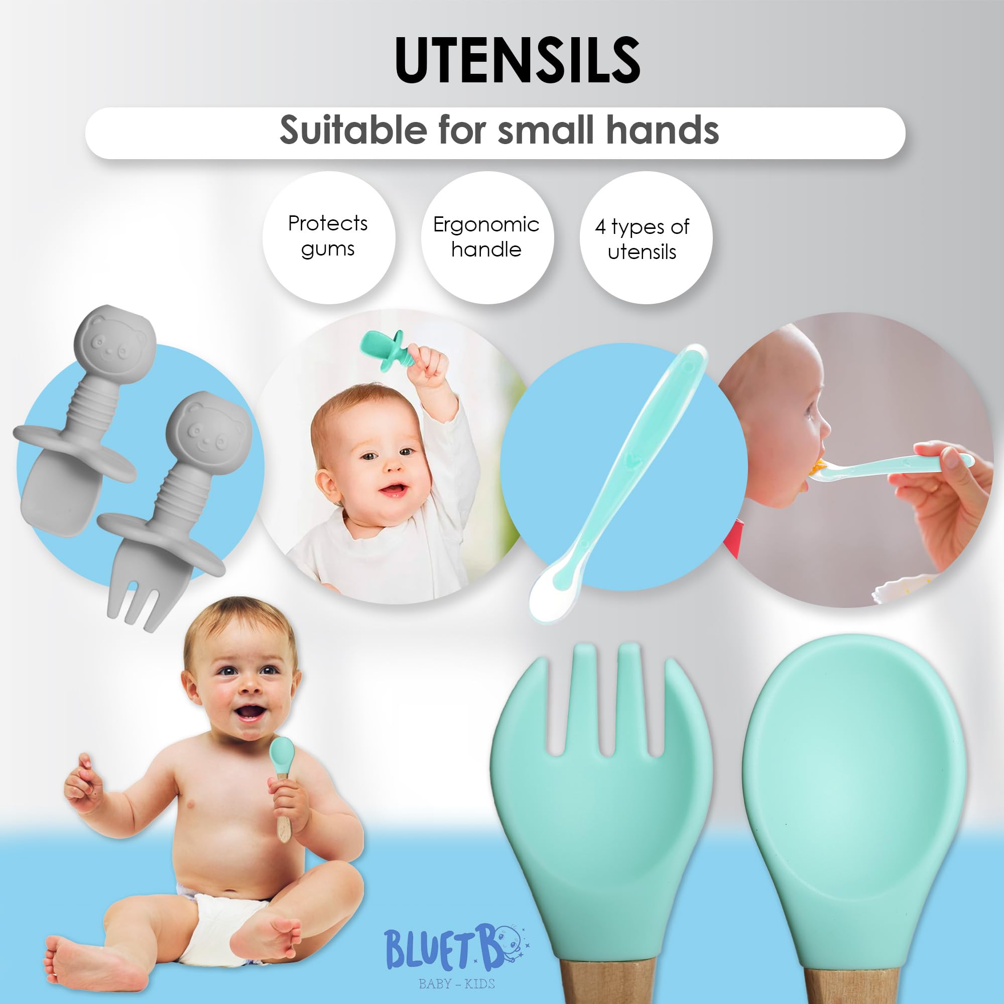 Bluet B suction bowl keeps food steady for self-feeding.