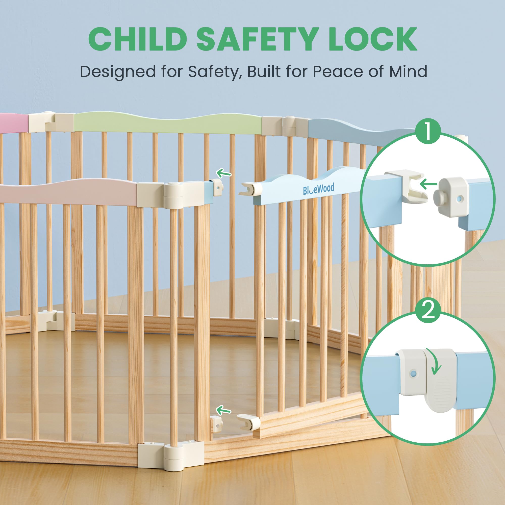 BlueWood anti-slip pads anchor the playpen on slick floors.