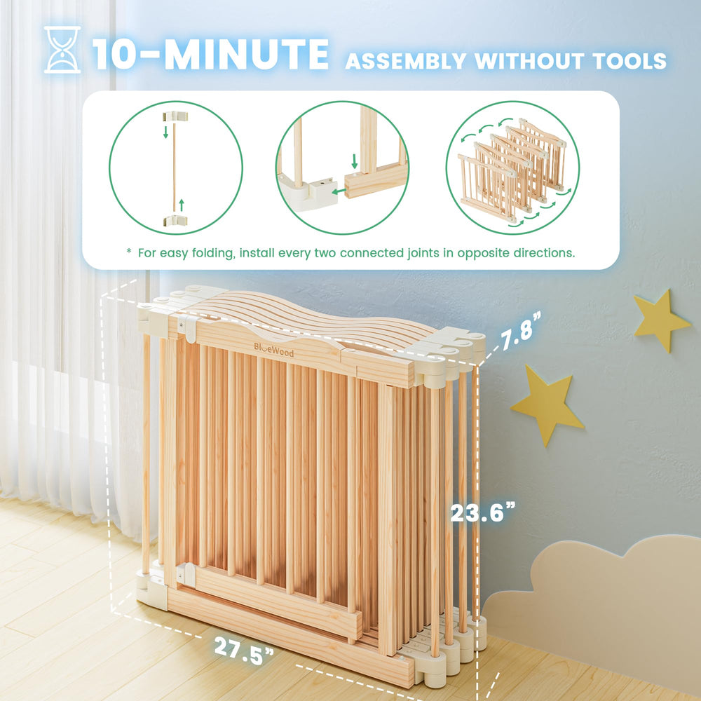 BlueWood baby playyard with double-lock gate for secure, easy access.