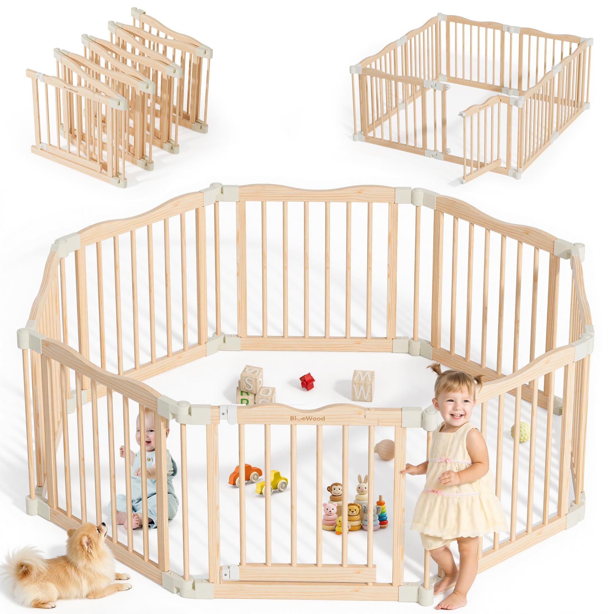 BlueWood foldable playpen in 8-panel setup creates a versatile, safe play space for babies.