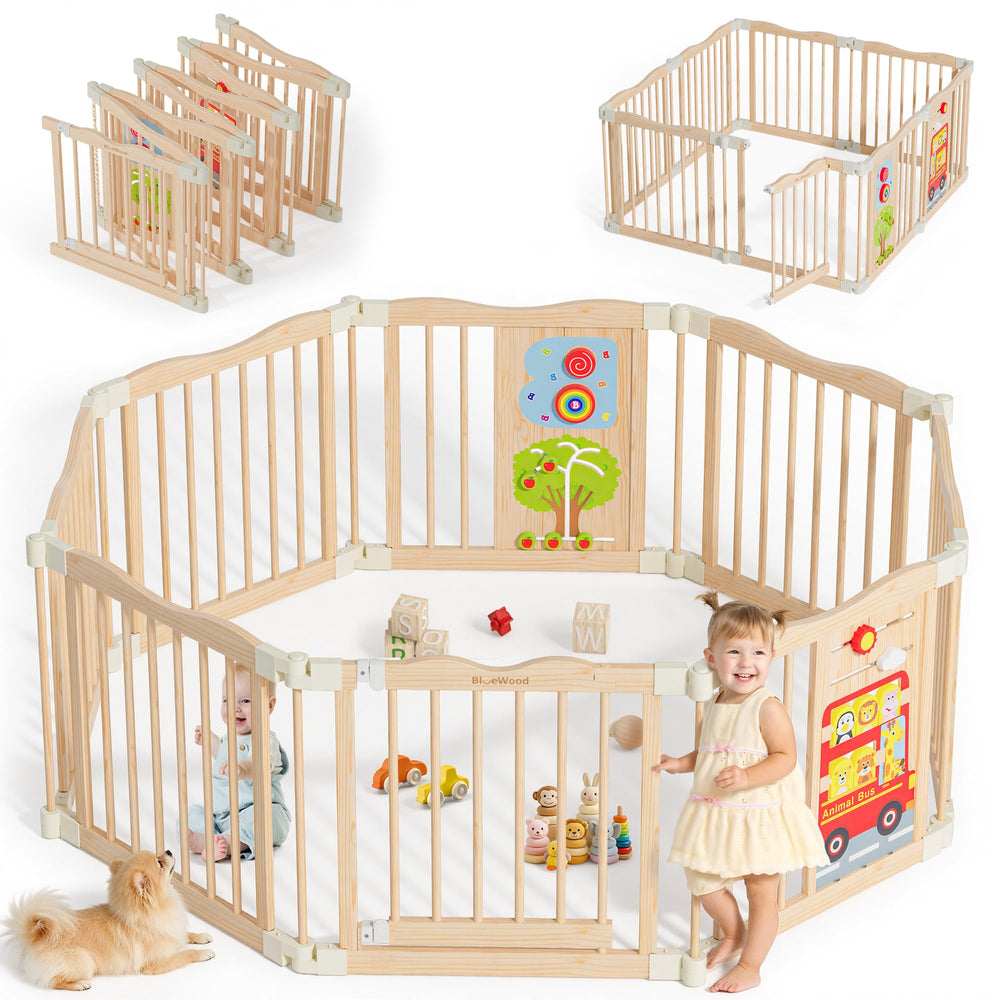 BlueWood foldable playpen with animal-bus design creates a safe play space for babies.