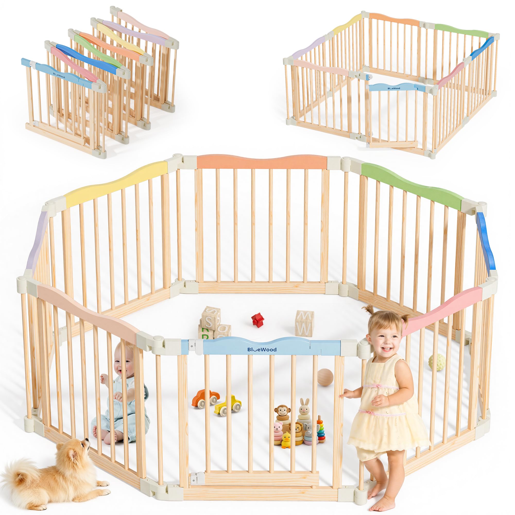 BlueWood foldable playpen assembled shows flexible eight-panel design for safe, adaptable play spaces.