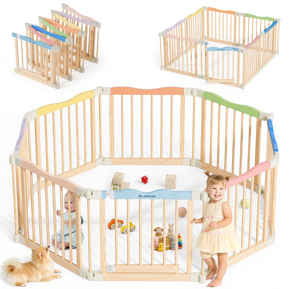 BlueWood foldable playpen assembled shows flexible eight-panel design for safe, adaptable play spaces.